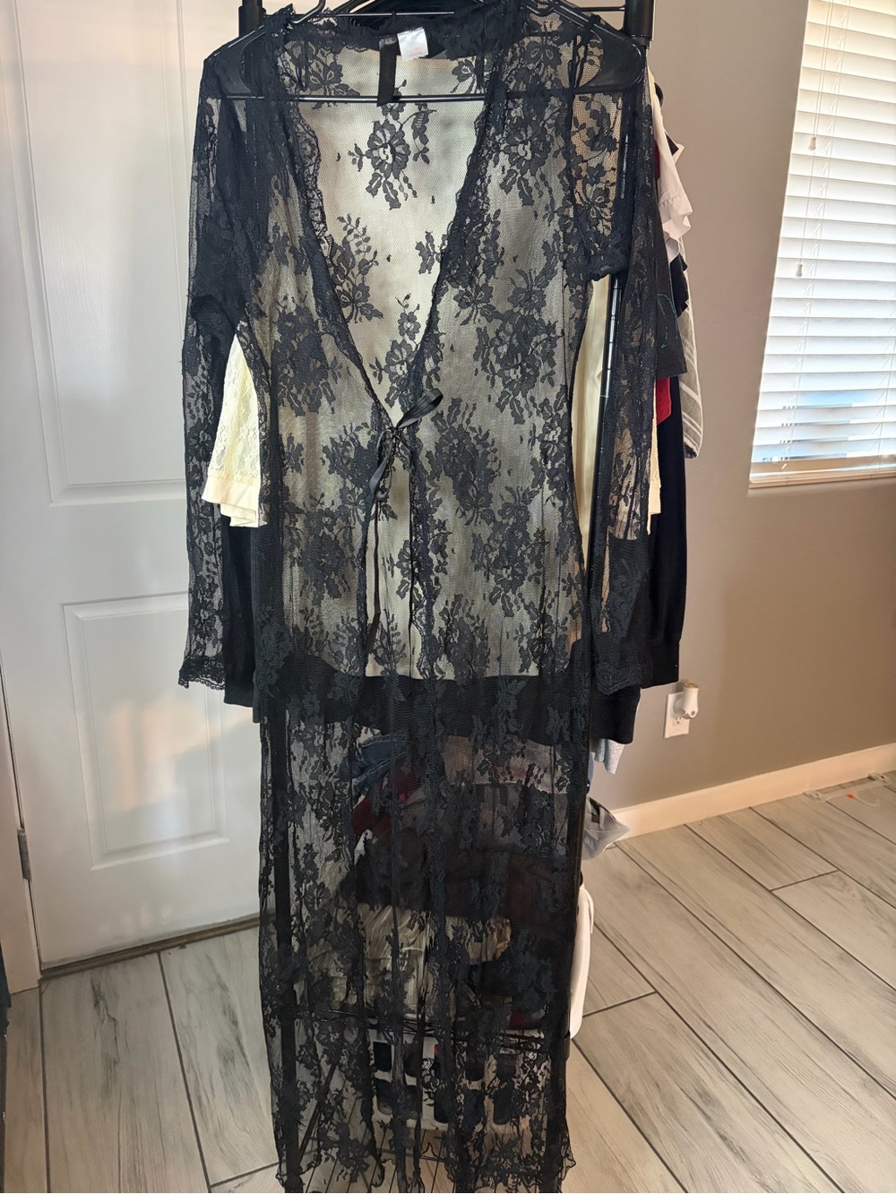 Dreamgirl Black Sheer Floral Lace Maxi Robe with Front Tie